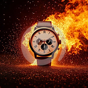 Wristwatch on fire flames background. Luxury wristwatch.