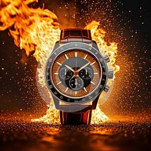 Wristwatch on fire flames background. Luxury wristwatch.