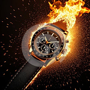 Wristwatch on fire flames background. Luxury wristwatch.