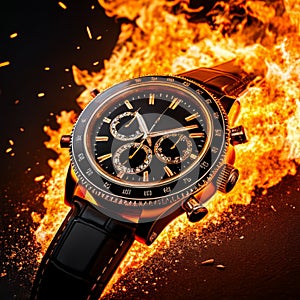 Wristwatch on fire flames background. Luxury wristwatch.