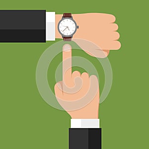 Wristwatch on hand. Businessman showing time on his watch, checking time. Minimize work, time is money vector concept