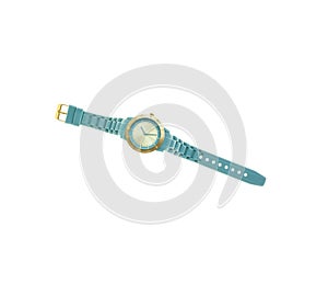 Wristwatch mechanical watch with rubber blue belt with round clock face and gold contour. Stylish, unisex.White isolated backgroun