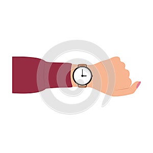 Wristwatch on the woman hand. Time on wrist watch. Checks the time. Hand with clock isolated on background. Cartoon design, vector