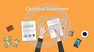 Write and count cashflow statement on a paperworks with calculator, money and coffee on top of table