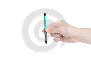 Write down. Souvenir concept. Hand writing and calligraphy. Writing pen in male hand. Ballpoint pen isolated on white