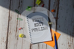 Write, Edit, Publish on wooden blocks The Content Creation Process Workflow.