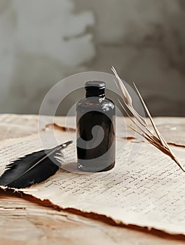 Write a manuscript. Writing with ink. Antique feather