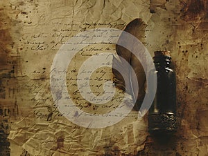 Write a manuscript. Writing with ink. Antique feather