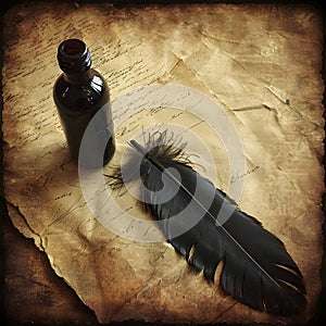 Write a manuscript. Writing with ink. Antique feather