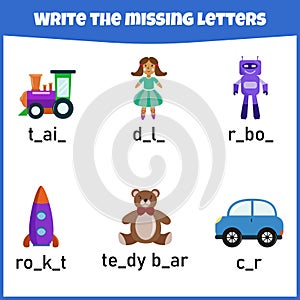 Write the missing letter. Worksheet for education. Fill in the missing letter.