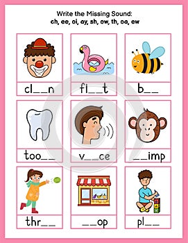 Write the missing sounds phonics worksheet. Choose the correct spelling rule for words