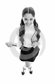 Write note to remember. Child school uniform smart kid happy make note. Child girl happy school uniform clothes holds