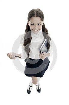 Write note to remember. Child school uniform smart kid happy make note. Child girl happy school uniform clothes holds