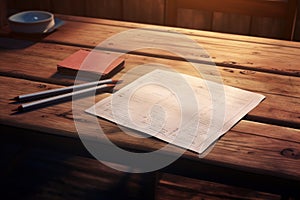 Write off exam on wooden table study. Generate AI