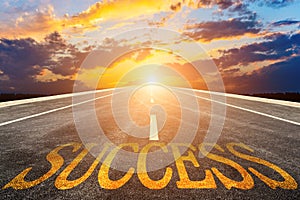 Write `success` on the road straight ahead to the modern city. Creative illustration about success concept.