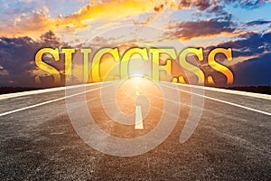 Write `success` on the road straight ahead to the modern city. Creative illustration about success concept.