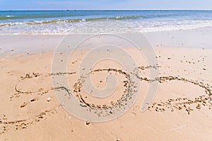 Write a symbol for help on the sand. SOS symbol on the sand.