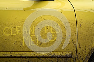 Write words inscription text clean me very dirty surface car. Concept car wash