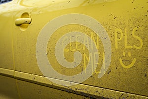 Write words inscription text clean me very dirty surface car. Concept car wash
