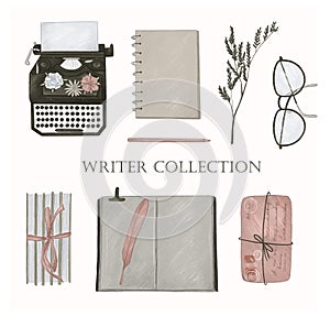Writer collection. Writing icons, hand-drawn illustrations. Typewriter, notebook, pen, books