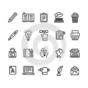 Writer and Copywriting Signs Black Thin Line Icon Set. Vector