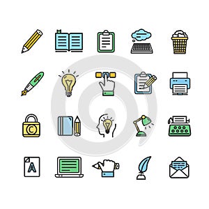 Writer and Copywriting Signs Color Thin Line Icon Set. Vector photo