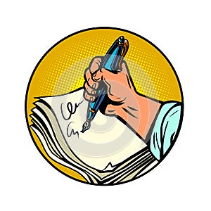 writer hand with an ink fountain pen. Writing a text