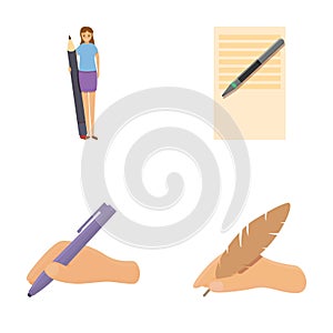 Writer icons set cartoon . Woman writing on paper sheet