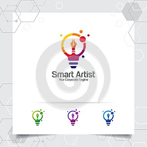 Writer logo bulb idea design concept of pencil icon and colorful lamp vector. Creative idea logo used for studio, professional and