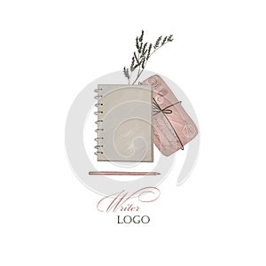 Writer logo. Notebook, letter, pen and flowers