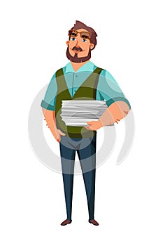 Writer male character with paper pages pile in hand