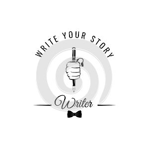Writer s badge. Hand writing with a feather. Vintage pen, bow tie. Vector illustration.