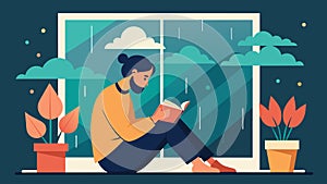 A writer sits by the window the gentle patter of rain inspiring profound musings in their journal.. Vector illustration. photo