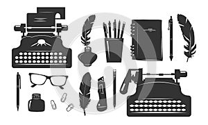 Writer supplies stationery icons set