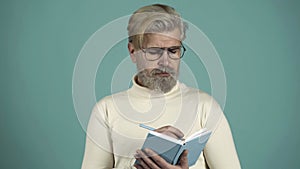 Writer thinker author journalist essay concept. Portrait of pensive intelligent handsome man imaging writing new project