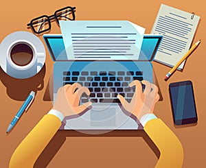 Writer writes document. Journalist create storytelling with laptop. Hands typing on computer keyboard. Story writing