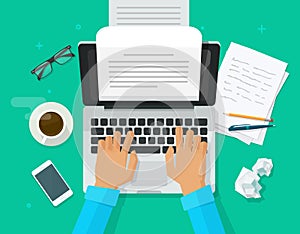 Writer writing on computer paper sheet vector illustration, flat cartoon person editor write electronic book text top