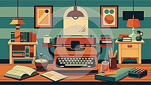 A writers sanctuary adorned with treasured typewriters from years ago reminding of simpler times.. Vector illustration.