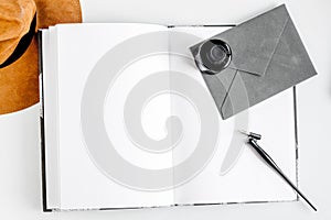 Writier tools in profession concept on white background top view mock-up