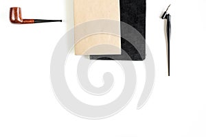 Writier tools in profession concept on white background top view mock-up