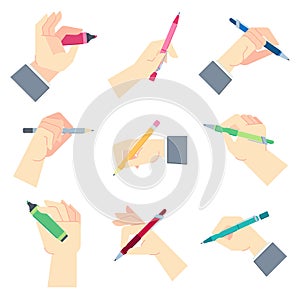 Writing accessories in hands. Pen in businessman hand, write on paper sheet or notepad and hands gestures vector