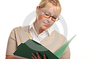 Writing Beautiful Woman with Pencil and Folder photo