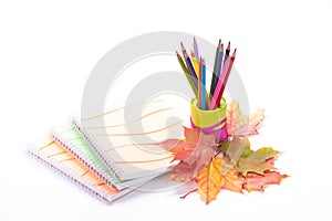 Writing-books, multi-coloured pencils and autumn leaves.