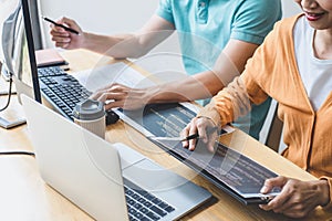 Writing codes and typing data code technology, Programmer cooperating working on web site project in a software developing on