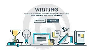 Writing, colorful concept header, flat design thin line style