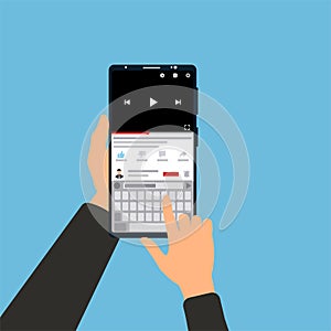 Writing comment for an online video on smartphone vector. Hand holding mobile phone and watching online video. Typing comments