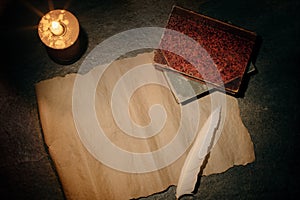 writing desk with a blank sheet of aged paper, vintage books and a pen for writing, vintage style, place for text