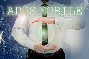 Writing displaying text Apps Mobile. Business overview computer program designed to run on phone hand held device