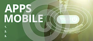 Writing displaying text Apps Mobile. Internet Concept computer program designed to run on phone hand held device