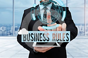 Writing displaying text Business Rules. Business approach a specific directive that constrains or defines a business Man